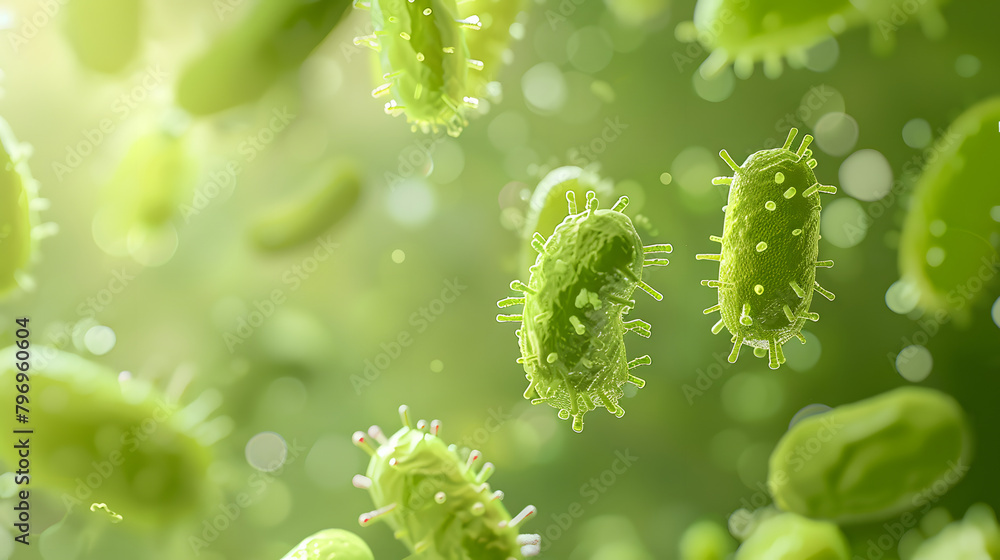 Poster 3d rendering of bacteria in green color flying around each other. the background is blurred with a l