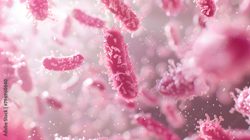 Poster 3d rendering of bacteria in pink color flying around each other. the background is blurred with a li