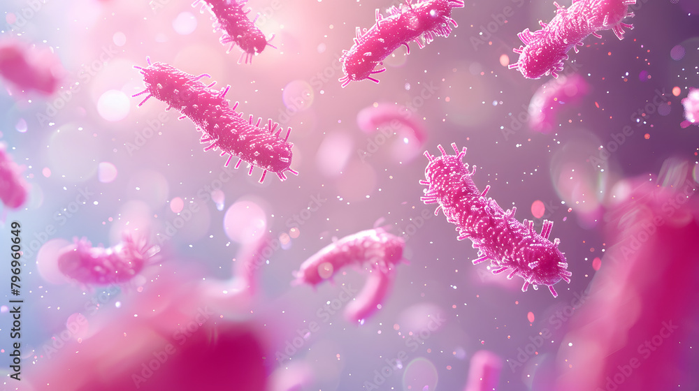 Poster 3d rendering of bacteria in pink color flying around each other. the background is blurred with a li