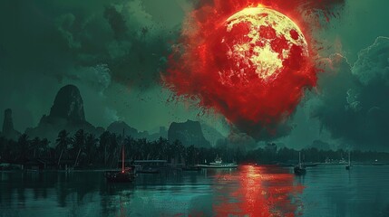 A red moon is rising over a tropical island. The moon is surrounded by clouds and the sky is dark. The moon is reflecting on the water. There are palm trees on the island and boats in the water.