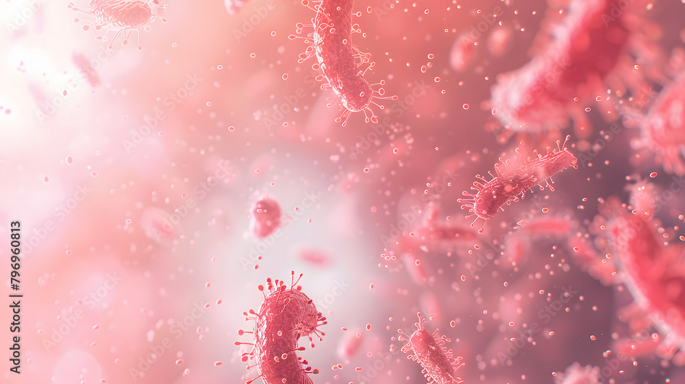 Poster 3d rendering of bacteria in red color flying around each other. the background is blurred with a lig