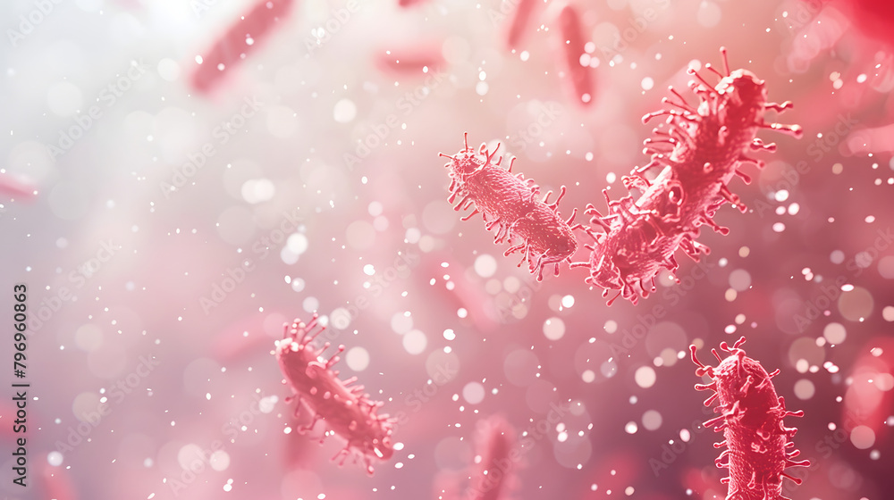 Poster 3d rendering of bacteria in red color flying around each other. the background is blurred with a lig
