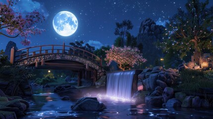 A captivating scene featuring a stone bridge with a waterfall under a beautiful full moon, creating a mystical night atmosphere.

