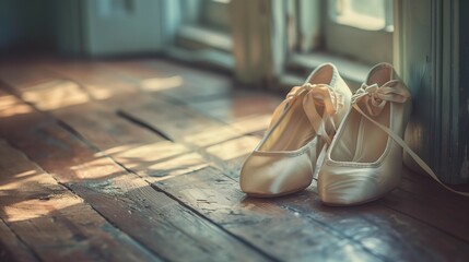 Elegant Ballet Slippers on Dark Wood Floor, generative ai