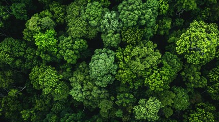 An aerial view showcasing a vibrant green forest, emphasizing the lush, untouched beauty of nature.

