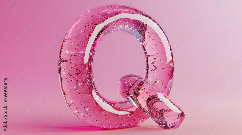 Poster 3d rendering with a chubby pink letter q. entirely filled with millions of tiny specs of glitter ins