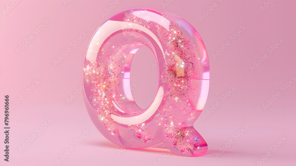 Poster 3d rendering with a chubby pink letter q. entirely filled with millions of tiny specs of glitter ins