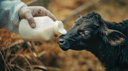 Veterinarian feeds colostrum milk to newborn calf. Cow farm industry concept