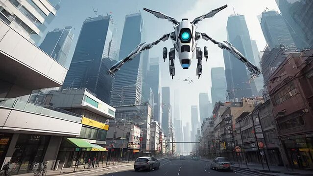 Futuristic urban animation in white colors of city street