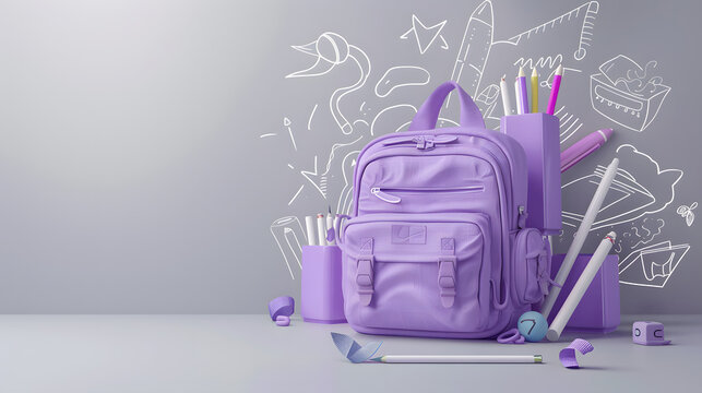 3D representation of a purple pack with school essentials on a gray canvas. back to school or educational theme concept with copy space