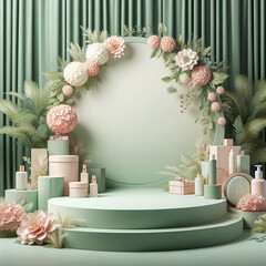 Elegant product display with floral decoration and pastel colors on a green background. Empty space...