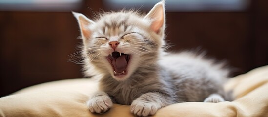 A sleepy kitten yawns on a cushion - obrazy, fototapety, plakaty