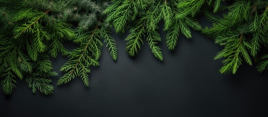 Green pine tree branch close-up on black background