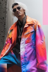 Fototapeta premium Urban Fashion Model with Colorful Jacket and Sunglasses Posing