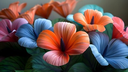 Create colorful nature-inspired art using crepe paper. Concept Nature-Inspired Crepe Paper Art, Colorful Paper Crafts, DIY Floral Decor, Vibrant Creations, Artistic Nature Decor - obrazy, fototapety, plakaty