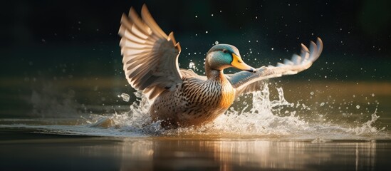 Duck splashing into water with wings extended - obrazy, fototapety, plakaty