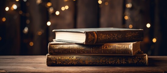 Stack of vintage books on wooden surface with distant glowing lights