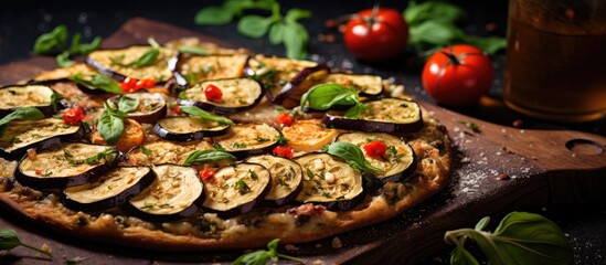 Vegetable pizza on wooden platter with beer glass - obrazy, fototapety, plakaty
