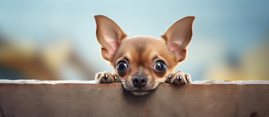 A small dog peeking over a wall