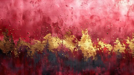 A red and gold abstract painting with a rough texture.
