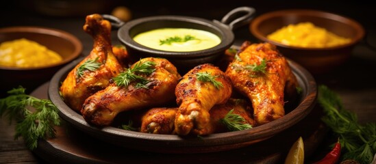 Close-up of chicken wings and dipping sauce - obrazy, fototapety, plakaty