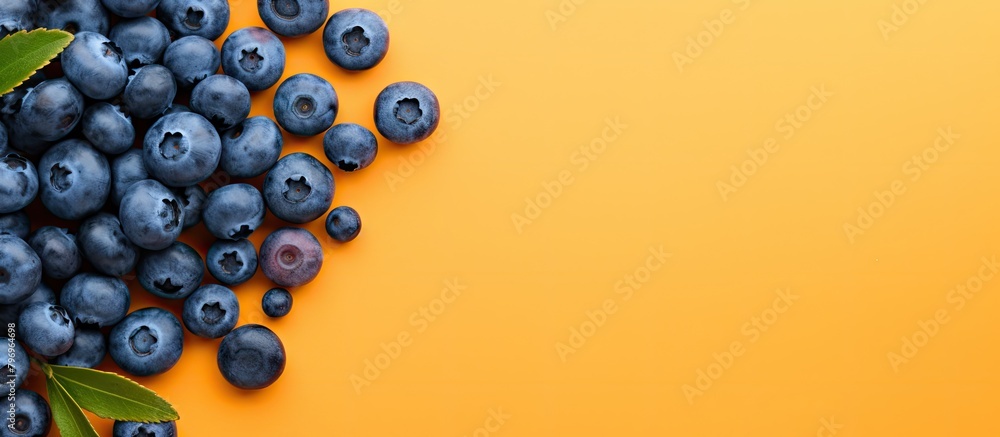 Poster Blueberries with leaves on an orange background