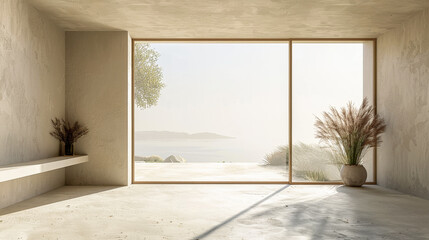 A large window in a room with a view of the ocean. The room is empty and has a minimalist design