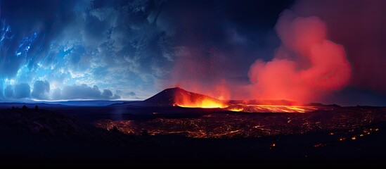 Fototapeta premium A volcano erupting with molten lava glowing in the sky