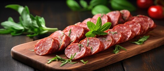 Sausage slices and basil on cutting board