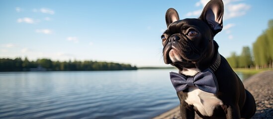 Dog in bow tie near water