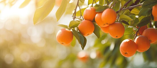 Oranges dangle tree under bright sunlight