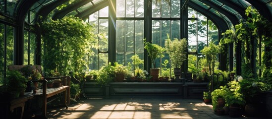 Greenhouse bench surrounded by lush plants - obrazy, fototapety, plakaty