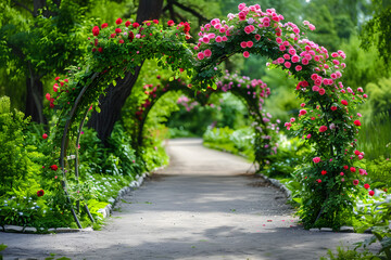 long path with flower gate in the shape of heart