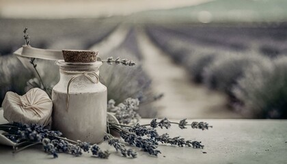 Provence still life with lavender, china, bottle, candle, and blurred field view behind