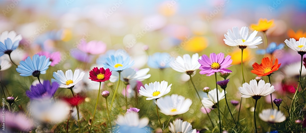 Sticker Colorful flowers bloom under clear blue sky