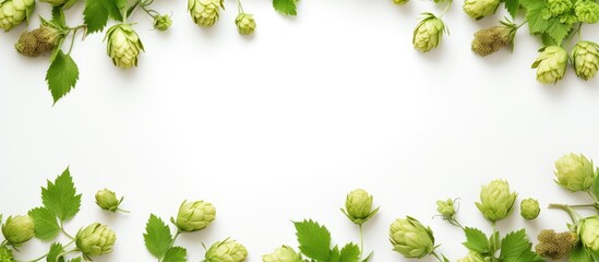 Close-up green hop cones on white background