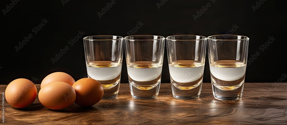 Poster three eggs and four egg drinks on a table