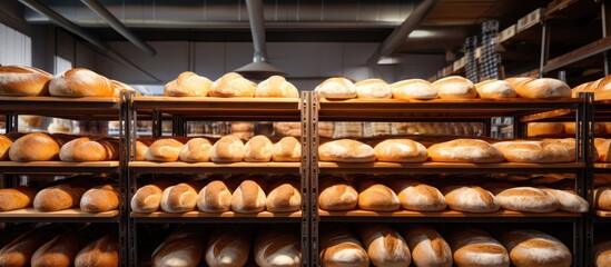 Shelves filled with assorted bread loaves at bakery