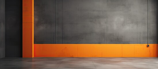An industrial room with orange walls, a solid concrete backdrop, and a single door