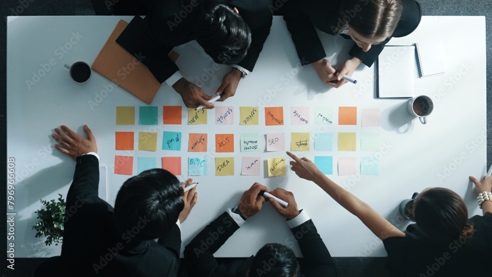 Aufkleber top down aerial view of manager discuss and choose marketing idea from sticky notes. group of busine