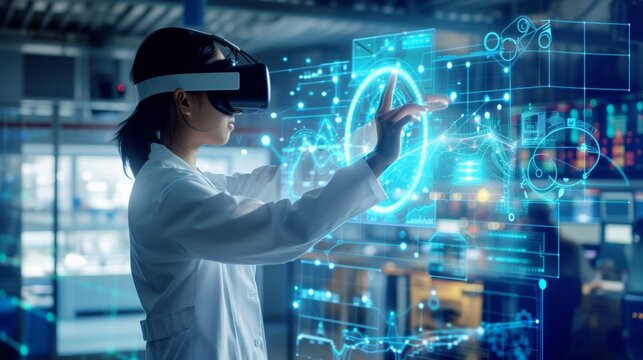 Research scientist working on experiment in a biochemistry lab with the help of VR AR technology
