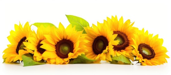 Three sunflowers line up on white background
