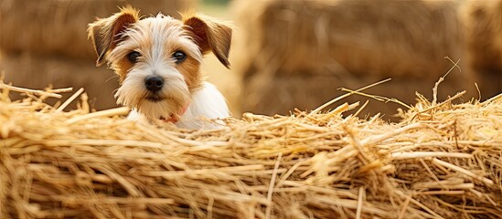 A small dog rests on a mound of hay - Powered by Adobe