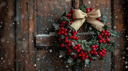 Rustic Christmas Wreath on Wooden Door, generative ai