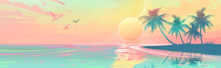Fototapeta na wymiar beach with palm trees and the sun, using pastel colors birds flying in the sky, water reflections created with simple shapes Generative AI