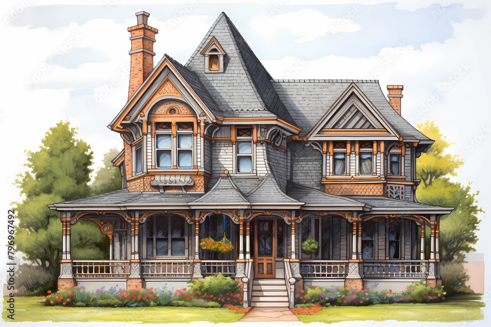 Wall mural Victorian Stick Style House (Cartoon Colored Pencil) - United States in late 19th century, wood-frame construction with decorative woodwork in the form of brackets, spindles & latticework