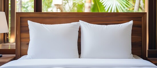 Bed with two pillows and a table lamp - obrazy, fototapety, plakaty