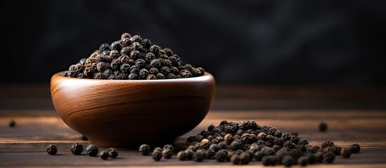 Wooden bowl black pepper seeds table