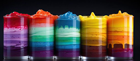 Four different colored beverages in tall glasses