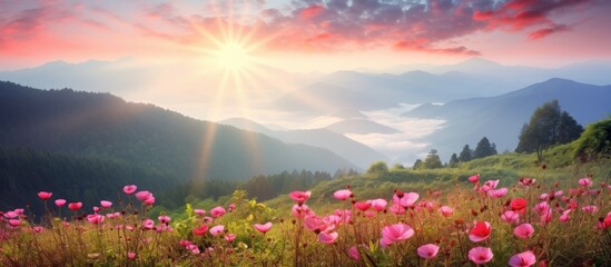 Field of pink blooms during mountain sunset
